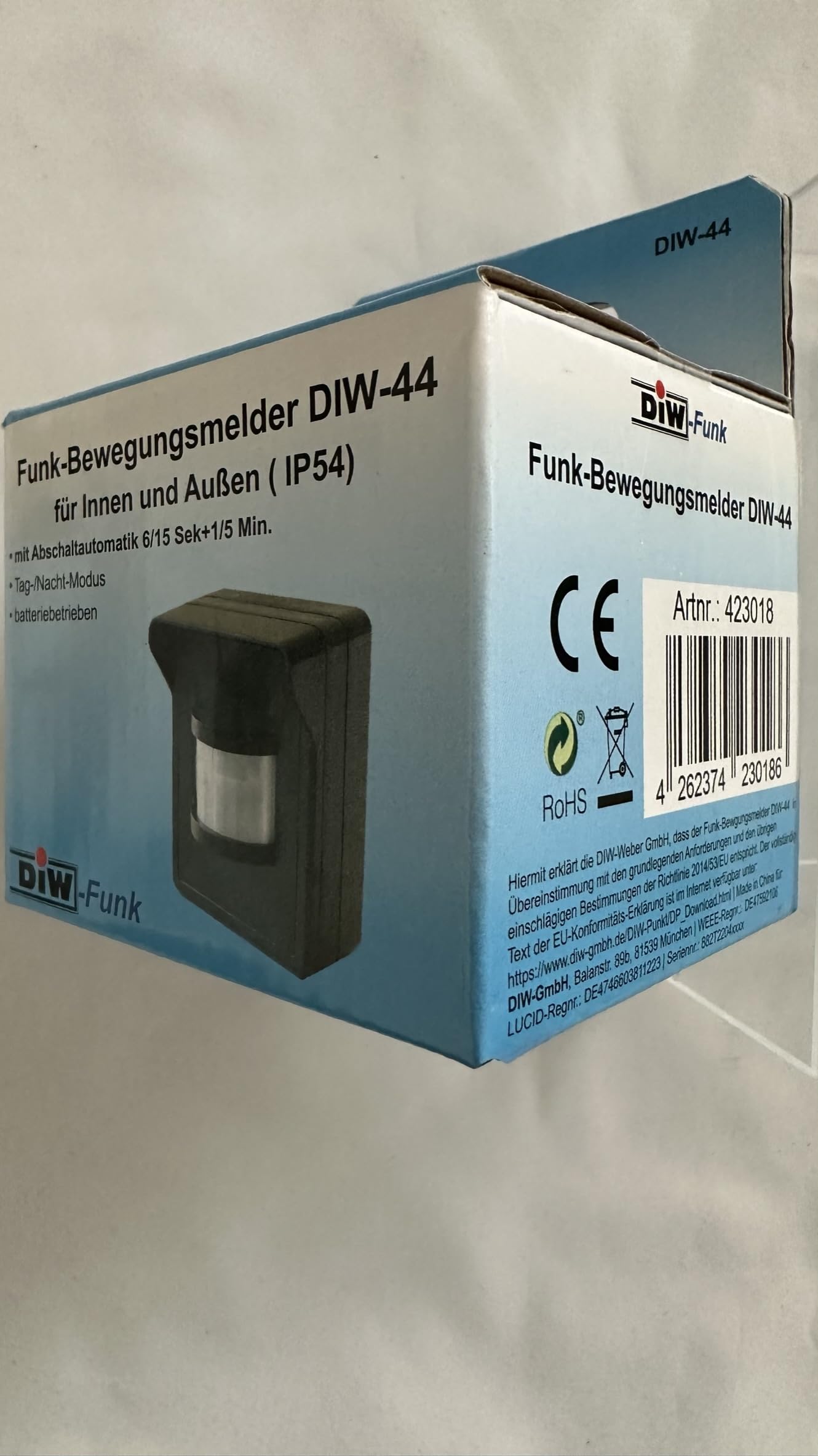 Détecteur de mouvement sans fil DIW-44 pour l'intérieur et l'extérieur. DIW-Funk