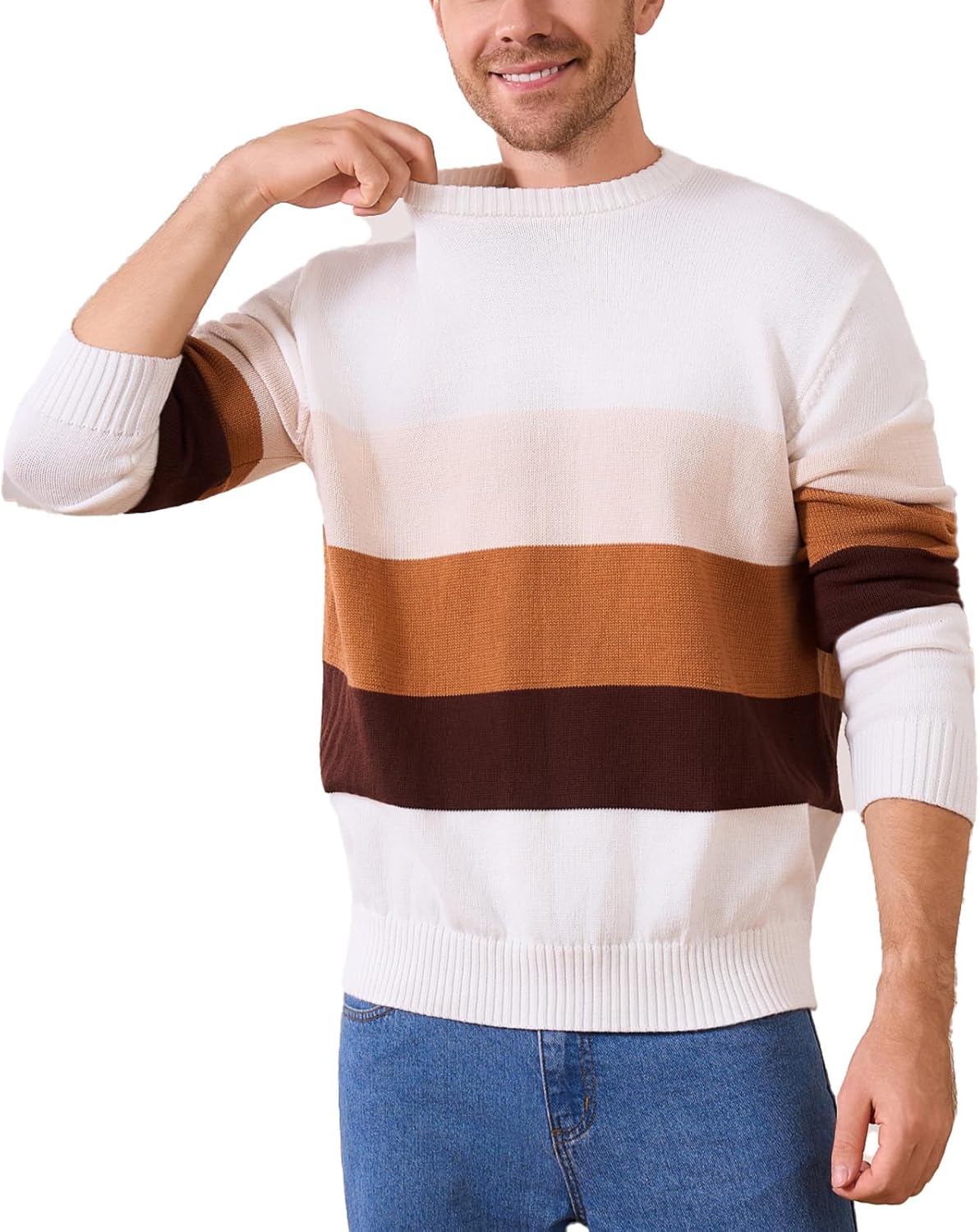 Mens Crewneck Sweater Casual Slim Fit Long Sleeve Striped Color Block Soft Thermal Knitted Pullover Sweaters - Image 4