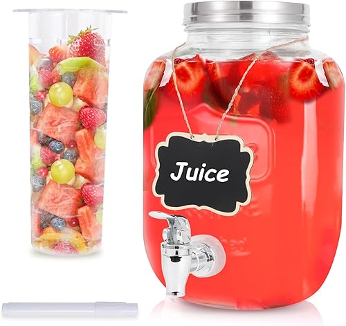 Miniatura 11 de Dispensadores de bebidas de vidrio de 1 galón para fiestas, juego de 2, dispensador de bebidas con infusor y soporte de frutas, dispensador de jugo