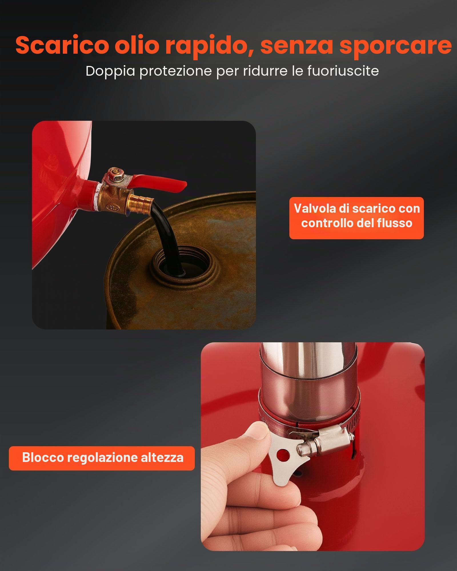 VEVOR Serbatoio di Scarico per Fluidi Industriali, 30 L con Regolabile Imbuto Ruote e Cassetta degli Attrezzi, Drenaggio per Trasferimento di Carburante Fluido, per Officine di Riparazione Auto