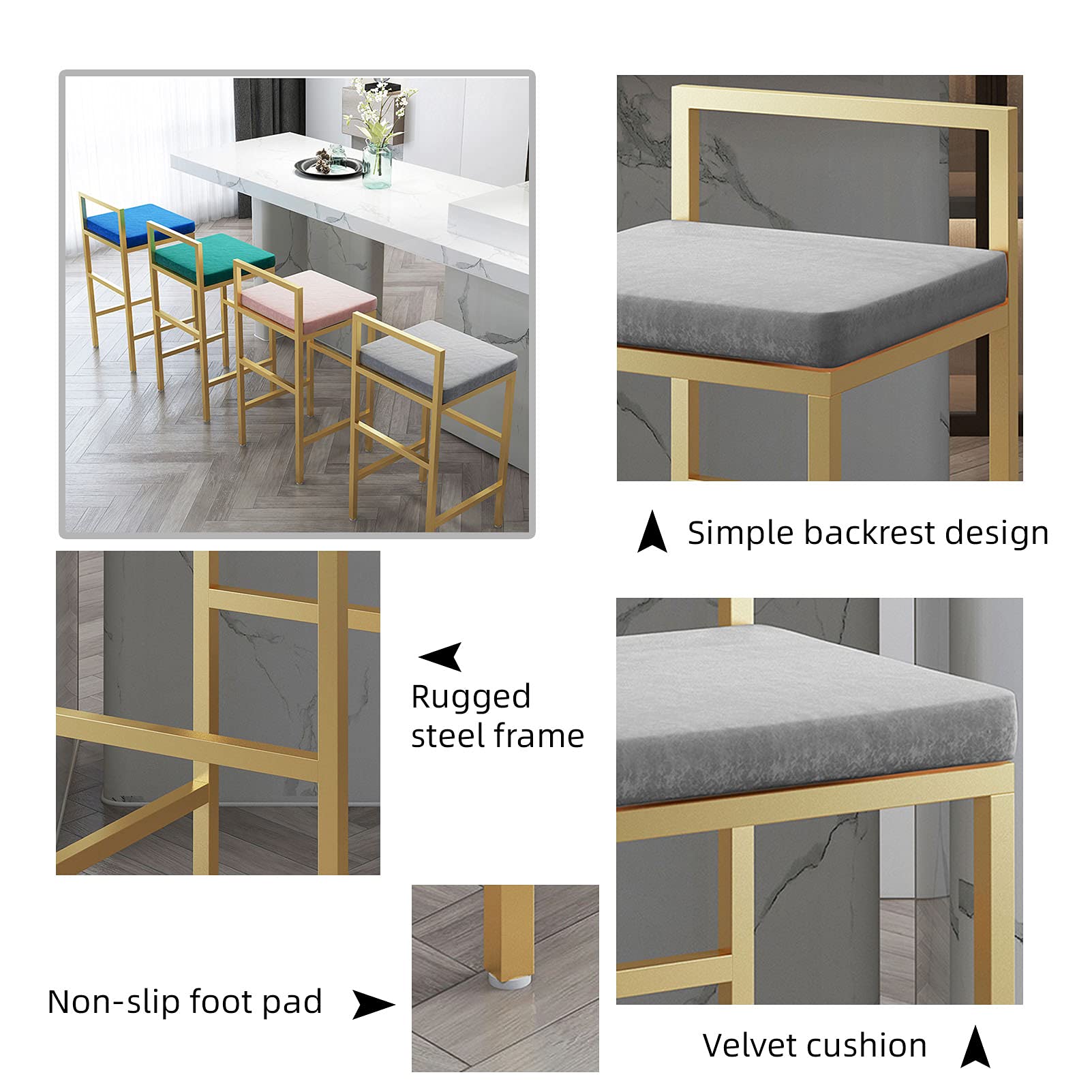 Tabouret de bar avec assise en velours et repose-pieds en métal noir pour cuisine, bar, pub, bistrot – Hauteur assise 75 cm