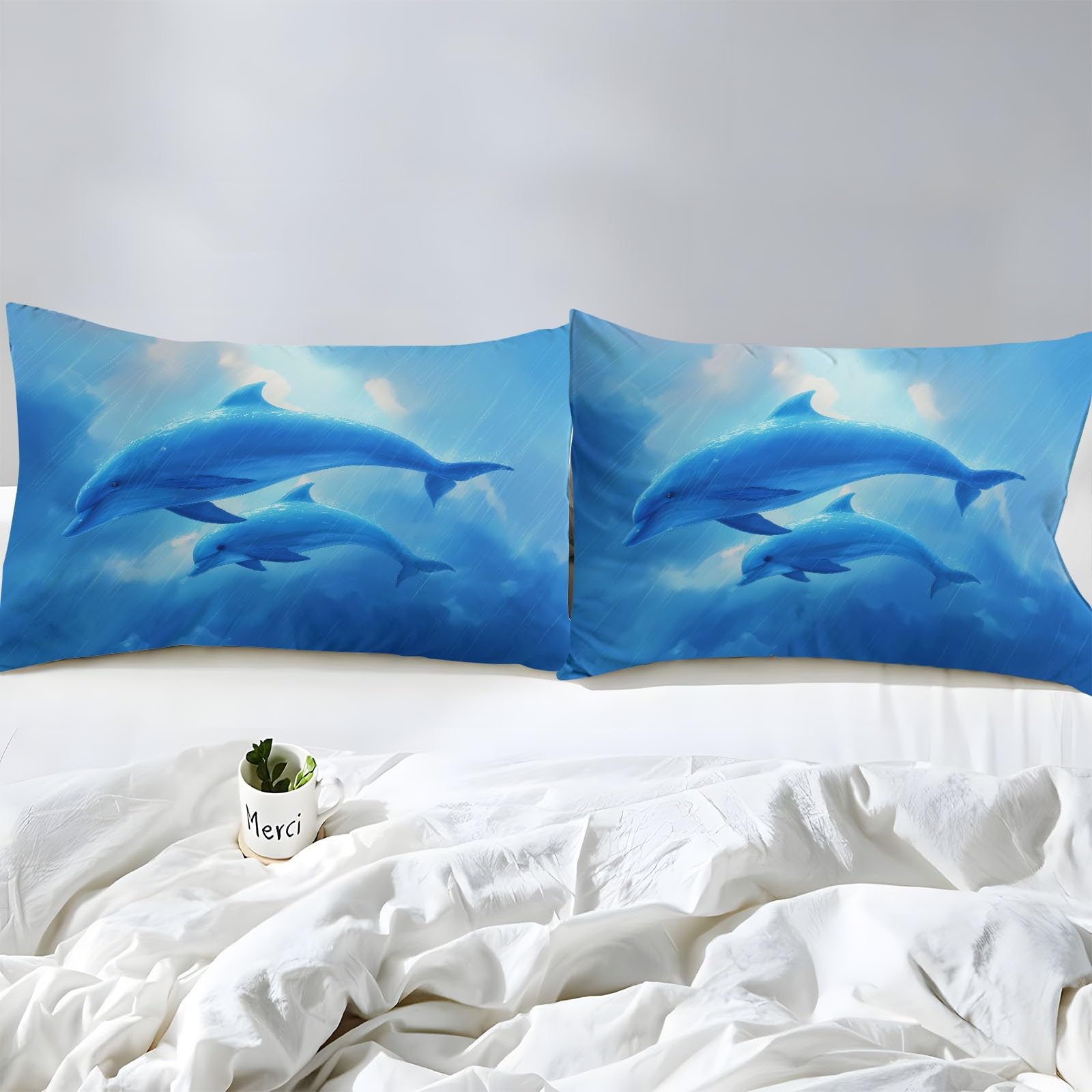 Prześcieradło z gumką 180 x 200 cm, styl anime delfiny i niemowlęta, prześcieradło z gumką 180 x 200 cm, duża czapka 30 cm, komplet pościeli z mikrofibry, zestaw pościeli dla dzieci z 2 poszewkami na
