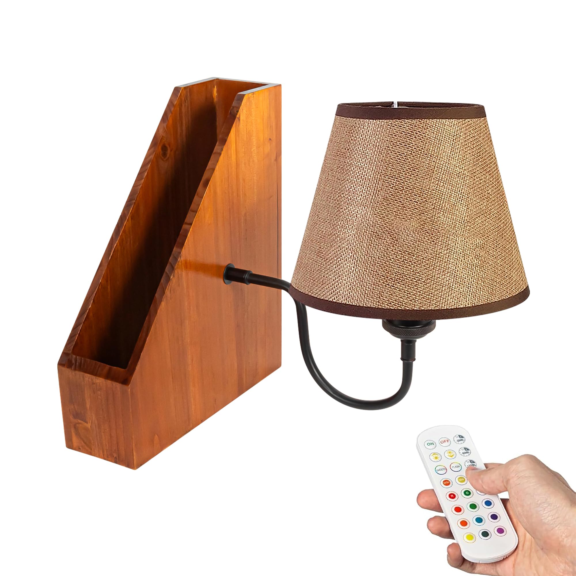LED Buchlampe mit Fernbedienung, Vintage Dimmbar Nachttischlampe mit Praktischer Organizer 1xE27-Fassung, Wiederaufladbare Tischlampe Zeitschaltuhr für Nachttisch Beistelltisch TD0631BN