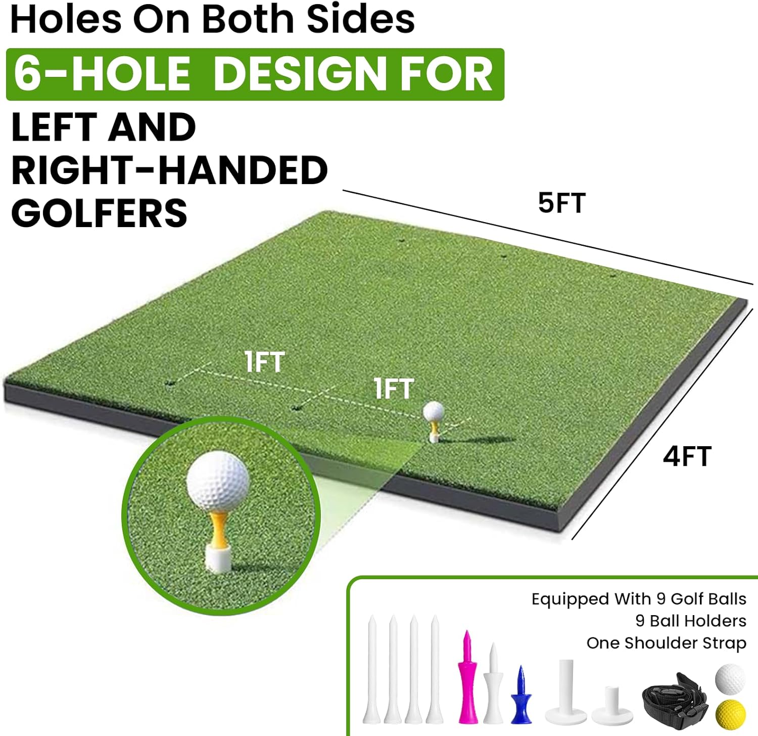 Golf Hitting Mat 5x4ft, 21mm Artificial Turf Practice Mat with 9 Tees, Durable EVA Backing for Indoor | Outdoor Driving, Chipping & Swing Training，with Carrying Case