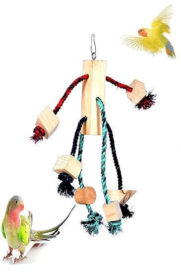 AVI CRAVE Wooden Cubes with Rope Chewing Large Hanging Toy for Parrots,Cocktail,African Gray,and Other Big Birds