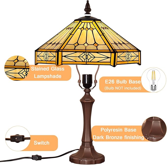 Capulina Capulina Tiffany Lamp Stained Glass Table Lamp 13x13x20 Inches Cream Hexagon Tiffany Style Desk Reading Lamp Decor for Home Office Bedroom Living Room photo 3