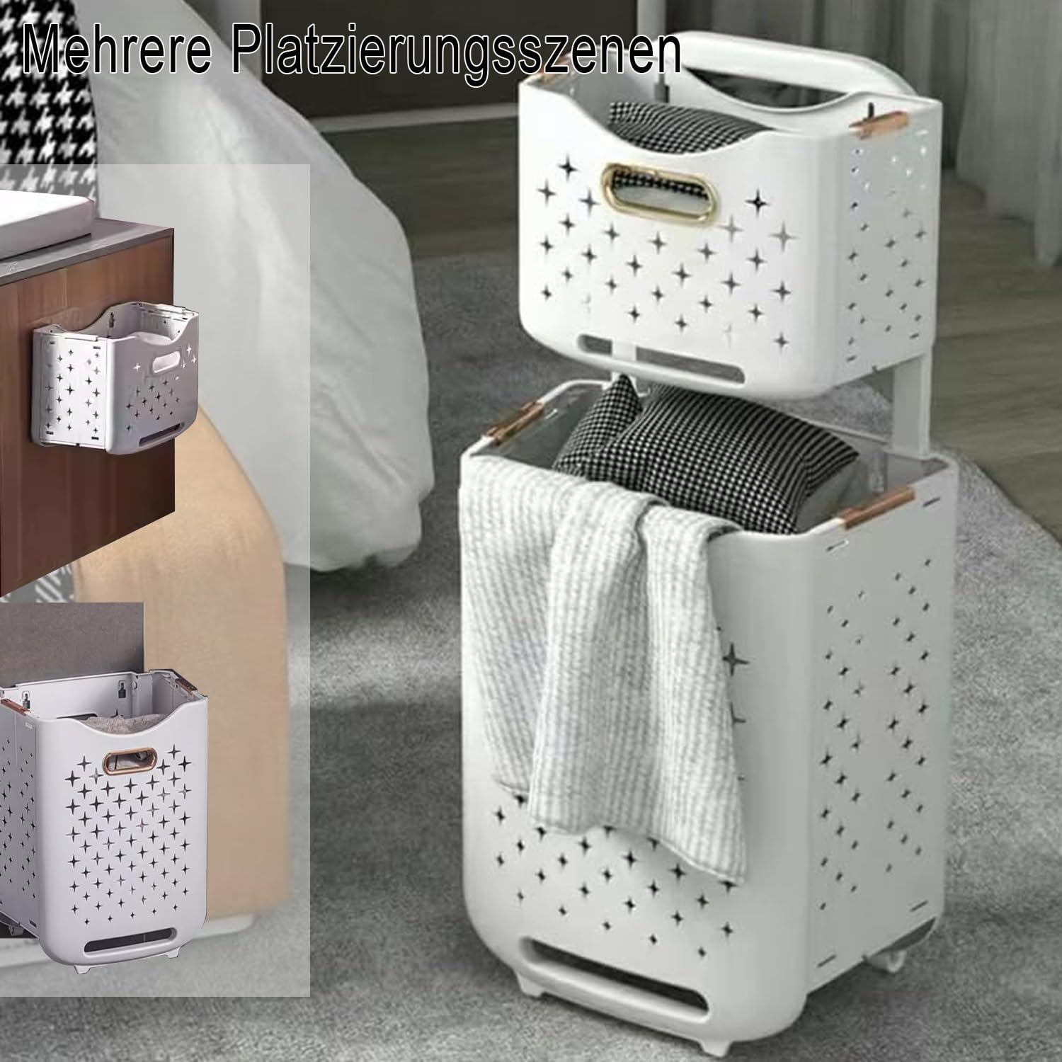 Hooha Wäschekorb 2er Set Laundry Basket Organizer Wickelkommode Wäschekorbwagen&Aufbewahrungswagen 77L Getrennte Nutzung Waschesammelbox für Saisonale Kleidung/Vorräte Gefaltet 7cm Breit