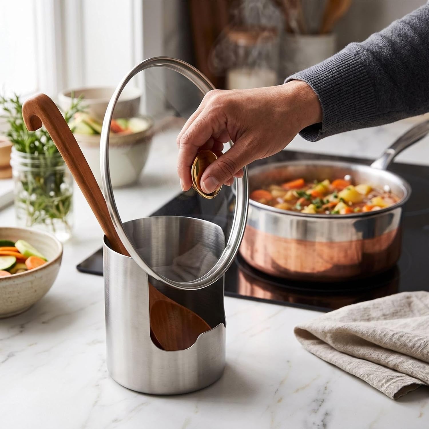 2 In1 Multi-functional Kitchen Utensil Holder, Heavy Duty Stainless Steel Pot Lid & Spoon Rack, Space-Saving Vertical Stand for Spatulas,Tongs,Ladles, Countertop Organizer,Thickened Storage Stand