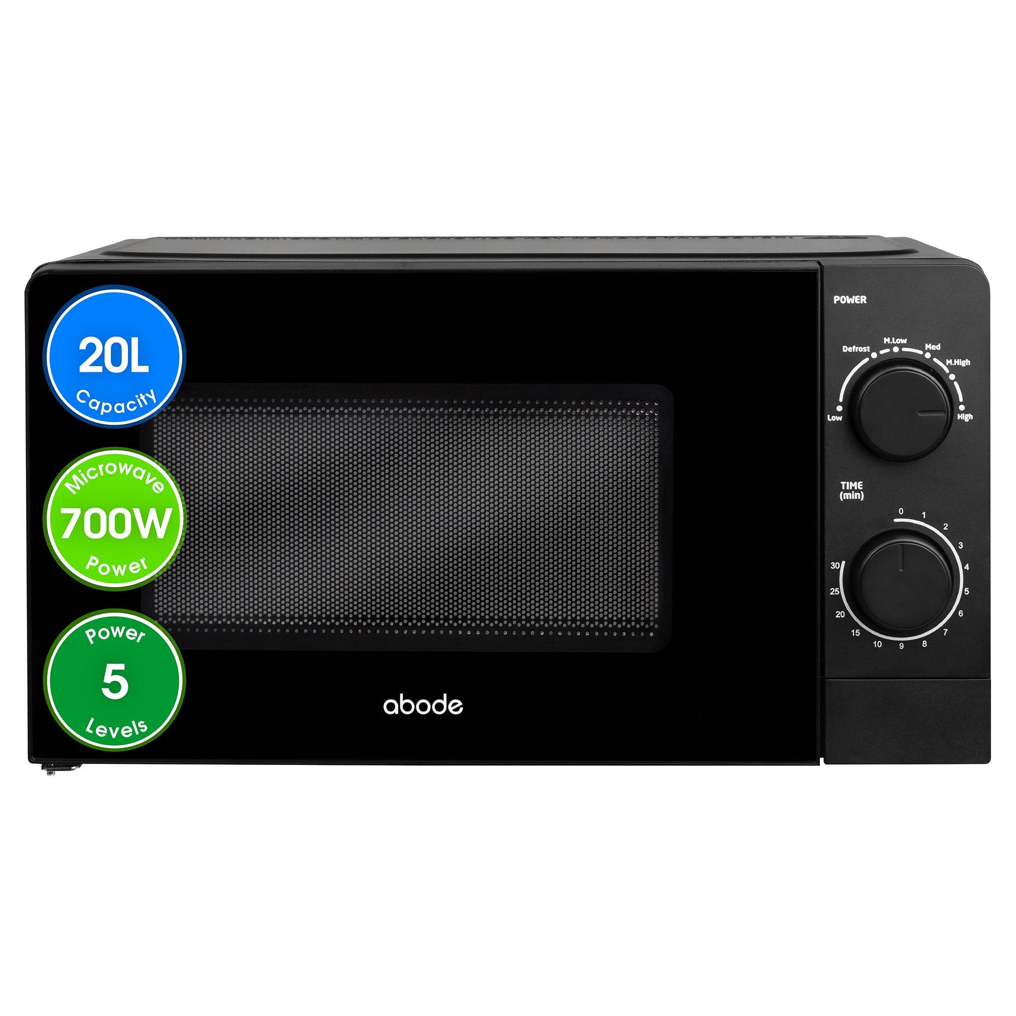 Abode 20L Manual Microwave Black 700W with 5 Power Levels & Timer, Button & Dial Control, Defrost Function, AMM2005B (Manual, Black) — view 9