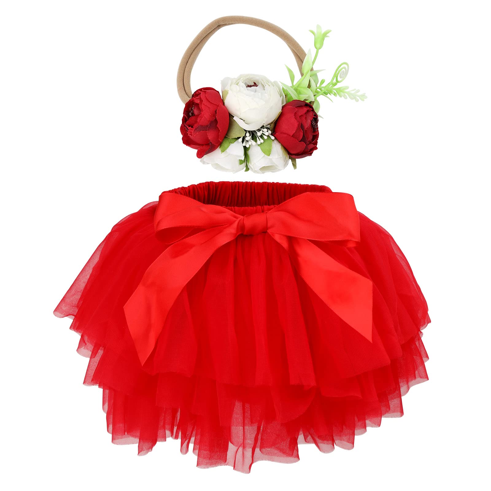 HOOLCHEAN Baby Girls Soft Tutu Skirt and Flower Headband Sets with Diaper Cover Red, 1-2T