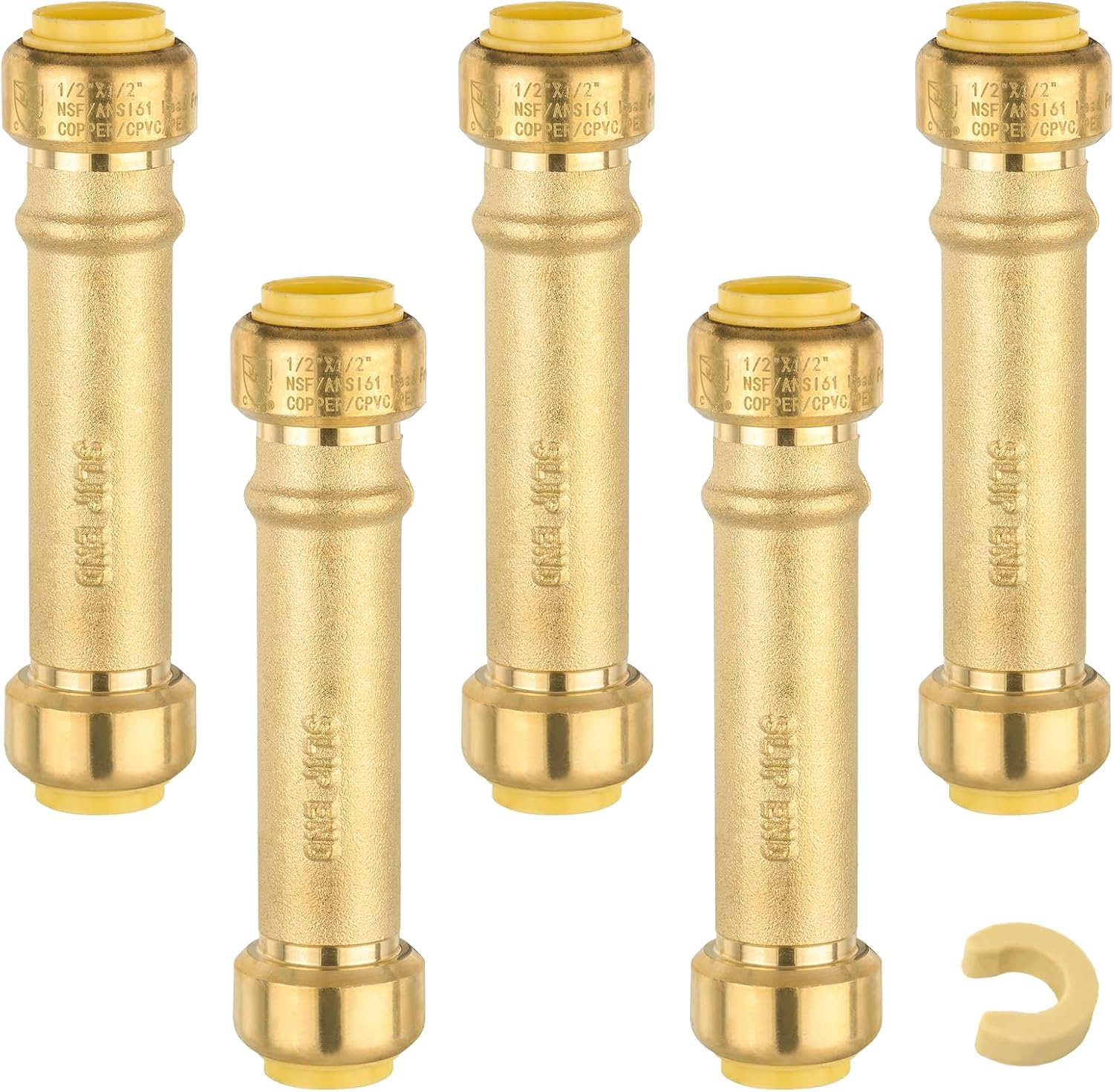 Slip Coupling,1/2 Inch Push-fit Slip/Repair Coupling with Disconnect Clip, 1/2" Push Fittings for Copper, PE-RT, CPVC Pipe(Pack of 5)(PF106)