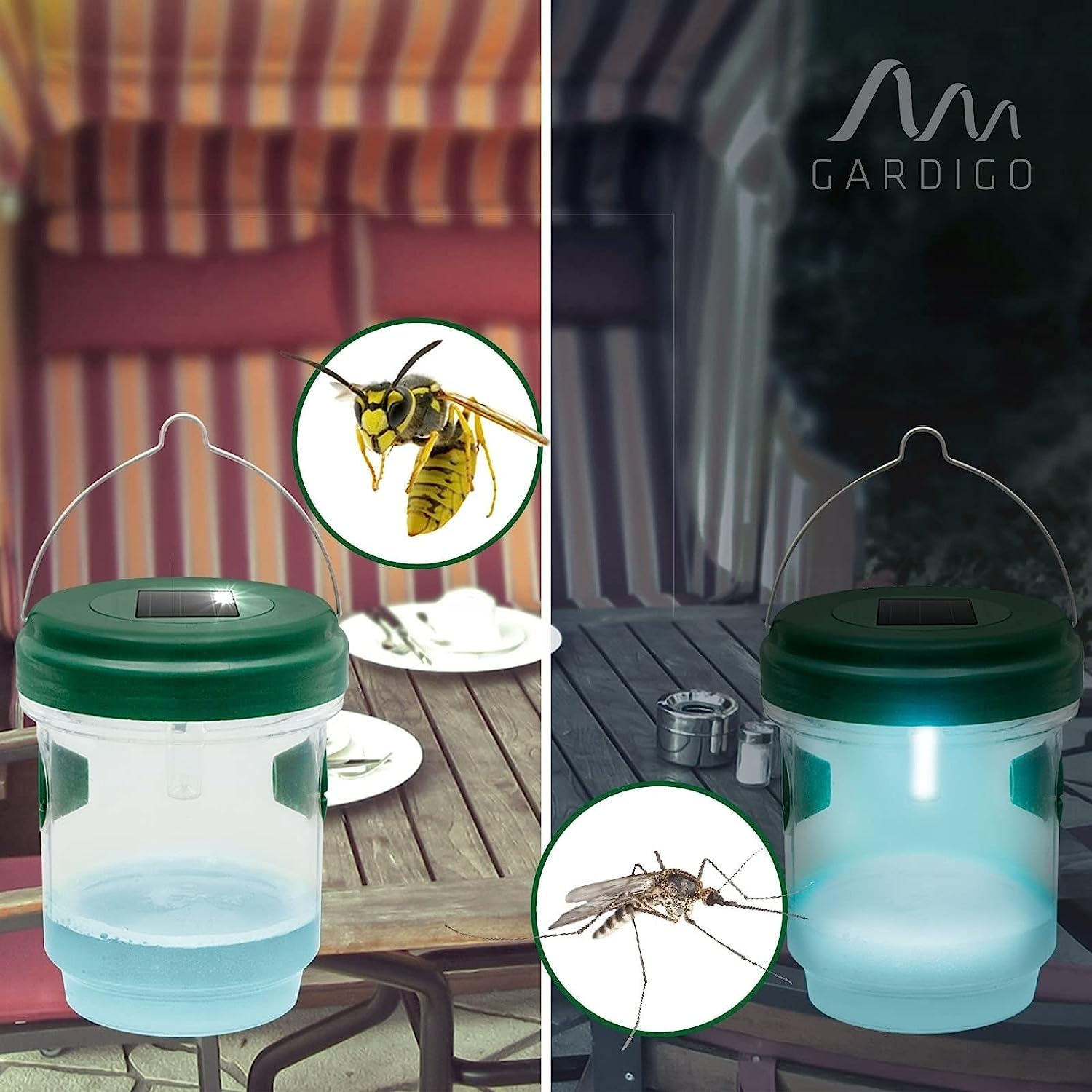 GARDIGO® 2x Trappola per Vespe da Esterno e Trappola per Zanzare 2in1 | Luce LED Cattura Insetti | Esca Calabroni | Insetticida per Zanzare da Giardino | Antizanzare