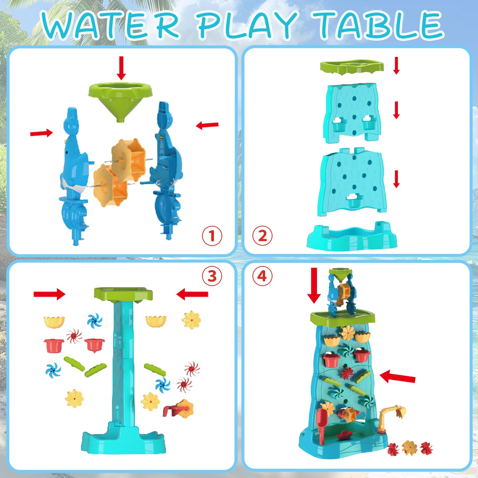 Cherubfunz Mesa de Agua y Laberinto de Cascada 2-en-1 Juegos Sensoriales para Niños Pequeños Exterior con Moldes de Playa