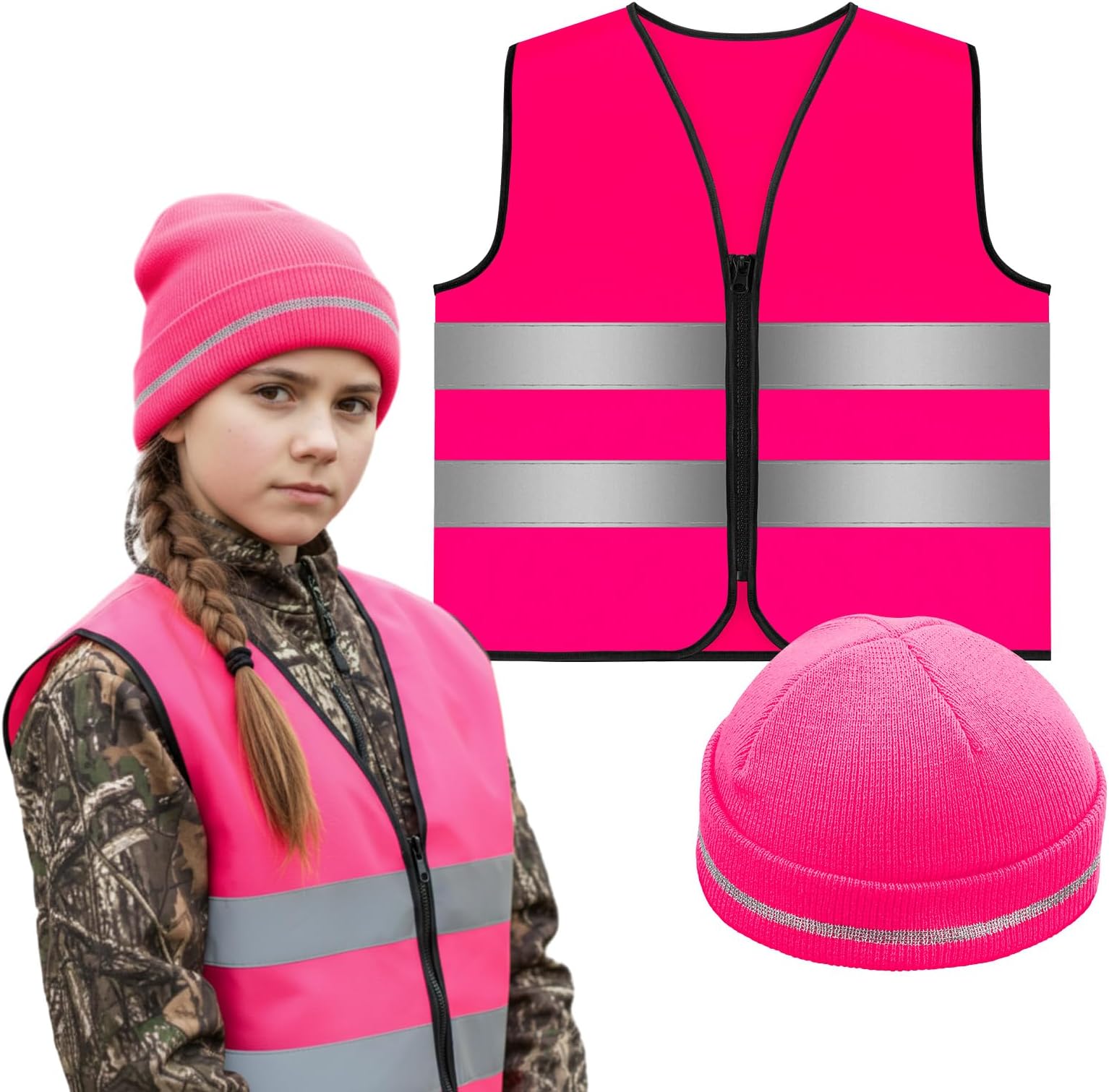 2 Pcs Kids Hunting Vest & Beanie Set Reflective Hunting Clothes Blaze Vests for Night Hiking Outdoor