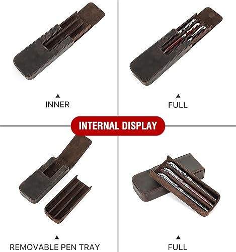 Vista 112 de Top Grain - Estuche organizador de cuero genuino para 12 bolígrafos y lápices, diseño minimalista sólido, hecho a mano, cierre magnético con cajón