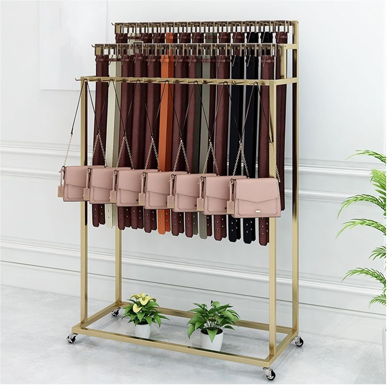 Belt, Tie, Scarf and Jewelry Organizer Rack with Hooks - Mobile Wardrobe Storage for Bags, Shawls, Hats, Socks,Black-150X40X150Cm,Gold-60X40X150Cm