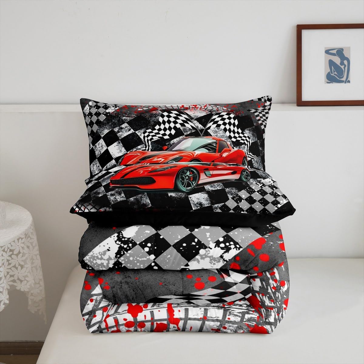 Boys Red Race Car King Size Comforter Sets for Kids Adults,Speed Sports Car Bedding Sets Youth Men Teens Child,Fast and Furious 3 Pieces Quilt Set,Geometric Checker Track Duvet Insert