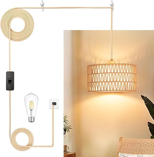 Miniatura 1 de Lámpara colgante de ratán enchufable, luces colgantes bohemias con papel tejido y tela 2 en 1, bombilla regulable de 3 vías incluida, lámpara de