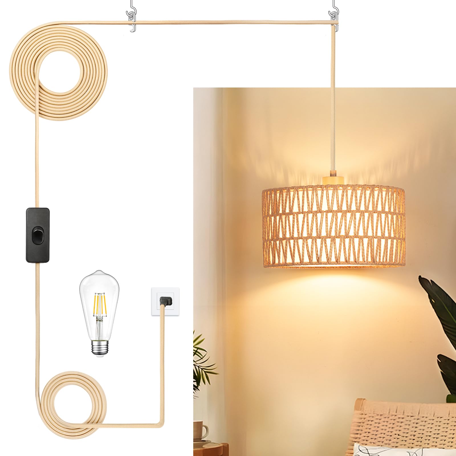 Plug in Pendant Light Rattan Hanging Lamp, Boho Hanging Lights with Paper Woven & Fabric 2 in 1 Shade, 3-Way Dimmable Bulb Included, Ceiling Light Fixture for Living Room,Bedroom,Farmhouse