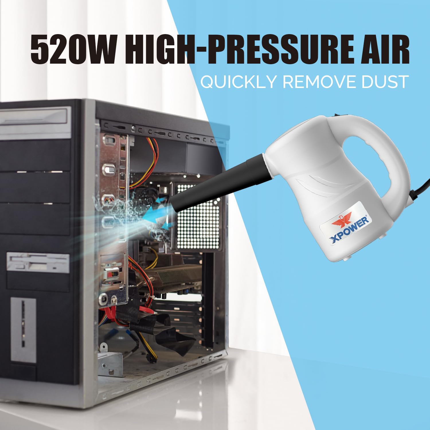 XPOWER Spazzola ad Aria Elettrica per Rimozione Polvere, Asciugatura, Gonfiaggio, Pulizia Auto, Computer, Soffio Foglie (Bianco, A-2S)