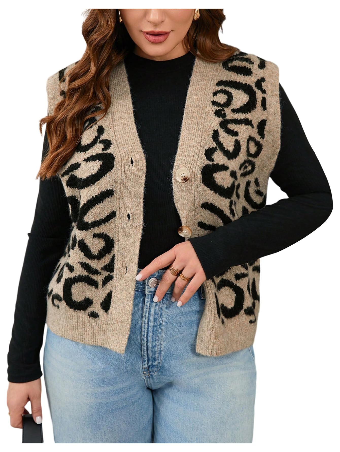 SHENHE Womens Plus Size Leopard Sweater Vest V Neck Button Up Sleeveless Cheetah Print Knit Cardigan Vest