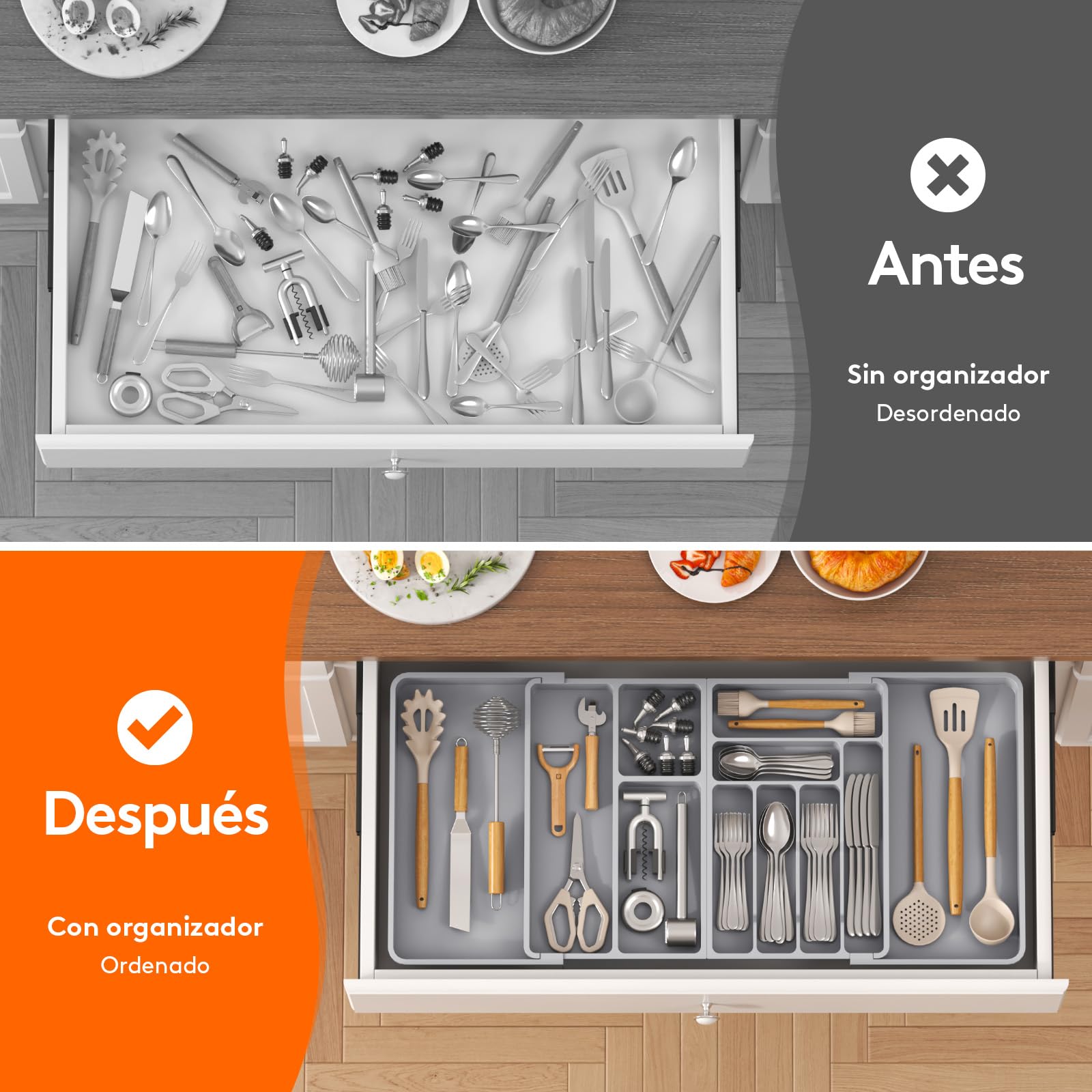 Lifewit Grande Organizador Cubiertos para Cajon, Plástico Bandeja Utensilios de Armario Cocina, Extensible de 54.1cm a 91.4cm, Separador de Cuchara Tenedor Cuchillo Pala Herramientas Pequeñas, Blanco