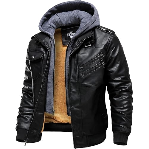 HOOD CREW Men’s Casual Stand Collar PU Faux Leather Zip-Up Motorcycle Bomber Jacket With a Removable Hood