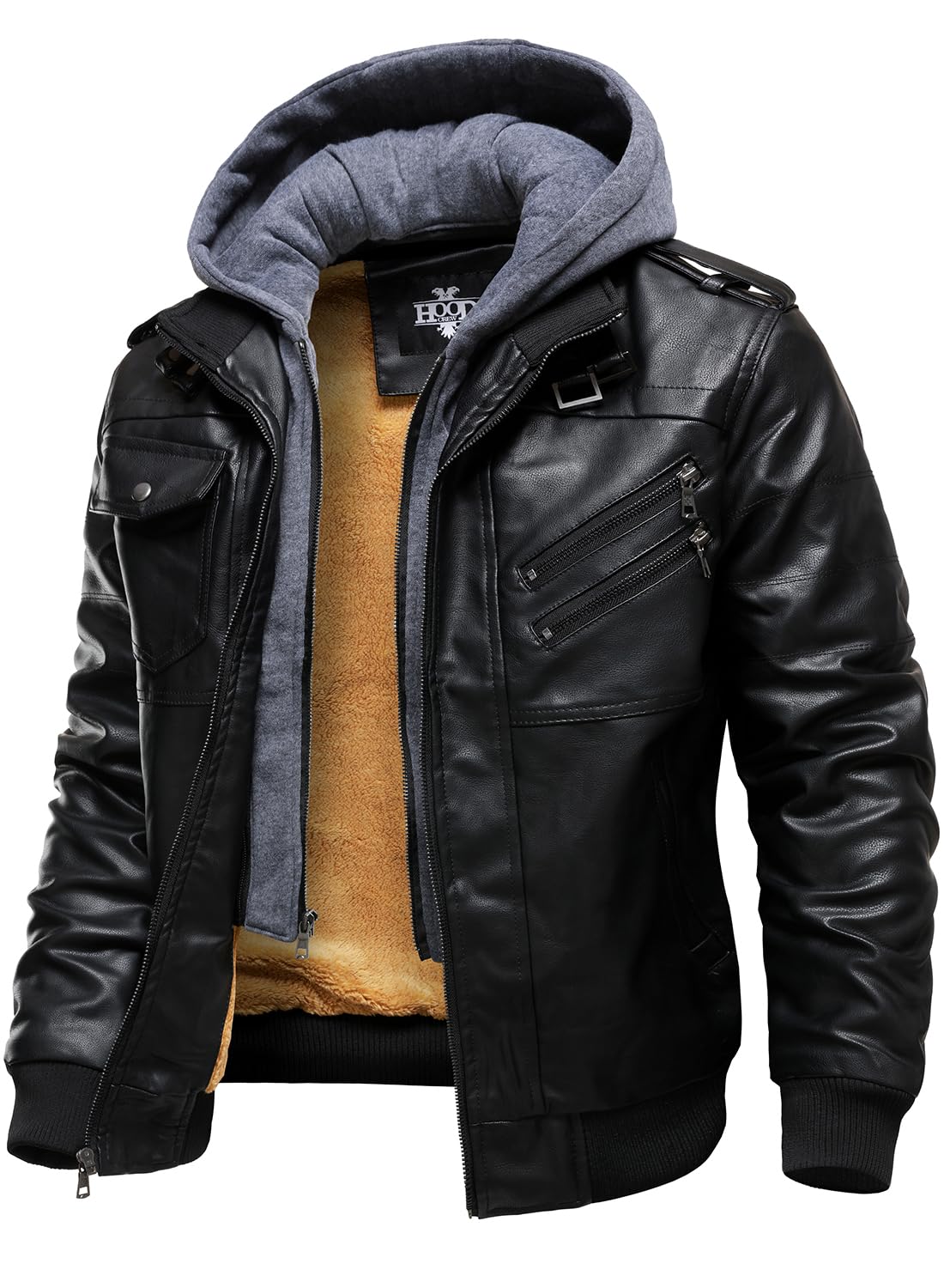 HOOD CREW Men’s Casual Stand Collar PU Faux Leather Zip-Up Motorcycle Bomber Jacket With a Removable Hood
