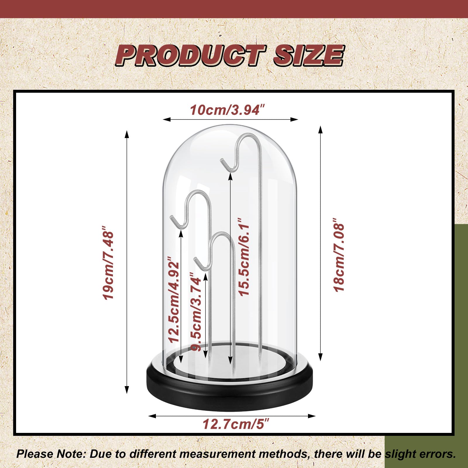 Beeveer Reloj de bolsillo de 4 x 7 pulgadas con cúpula de cristal con 3 ganchos, soporte transparente para reloj de bolsillo, vitrina de cristal con base de madera para adornos, medallas