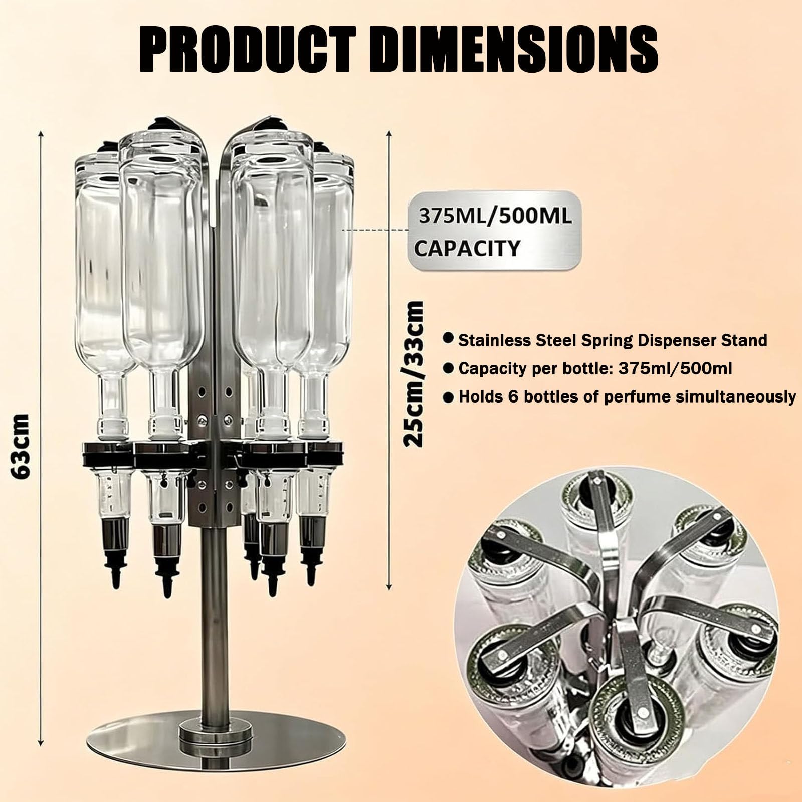 Dispenser di profumi manuale, kit di riempimento e trasferimento per liquidi, con 6 flaconi in vetro, testina di pompaggio regolabile, base girevole,per la vendita al dettaglio e progetti 375ml