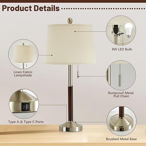 Miniatura 5 de Juego de 2 lámparas de mesa para mesita de noche, modernas lámparas de noche con puertos USB y tomacorrientes, lámpara de mesa para dormitorio con