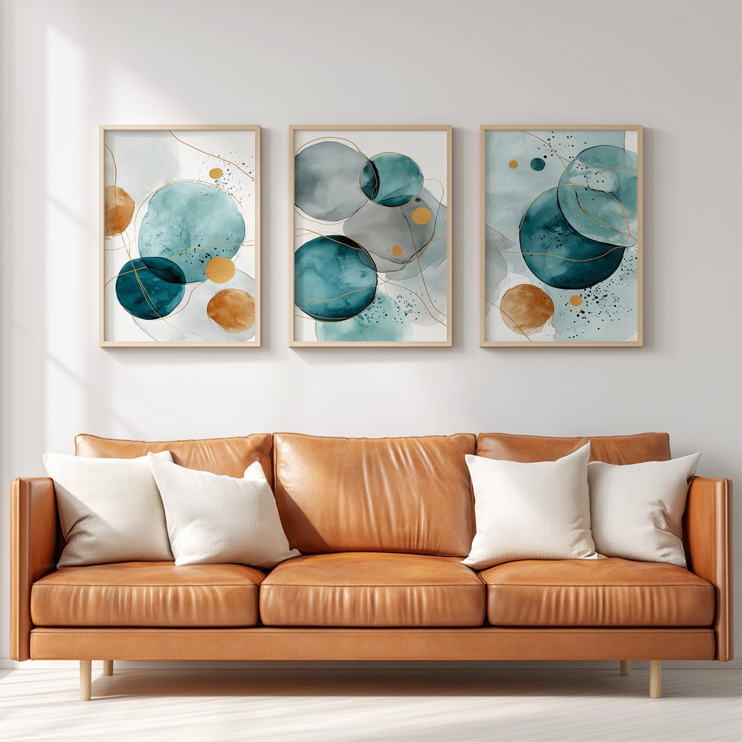 3er Set Wandbild Leinwand, Abstract Watercolour HD-Druck Poster auf Leinwand Wandkunst, Luxus Exquisit Gold Dunkles Petrol Rund Punktmuster Wanddeko für Wohnzimmer Schlafzimmer und Büro, 50 x 70 cm
