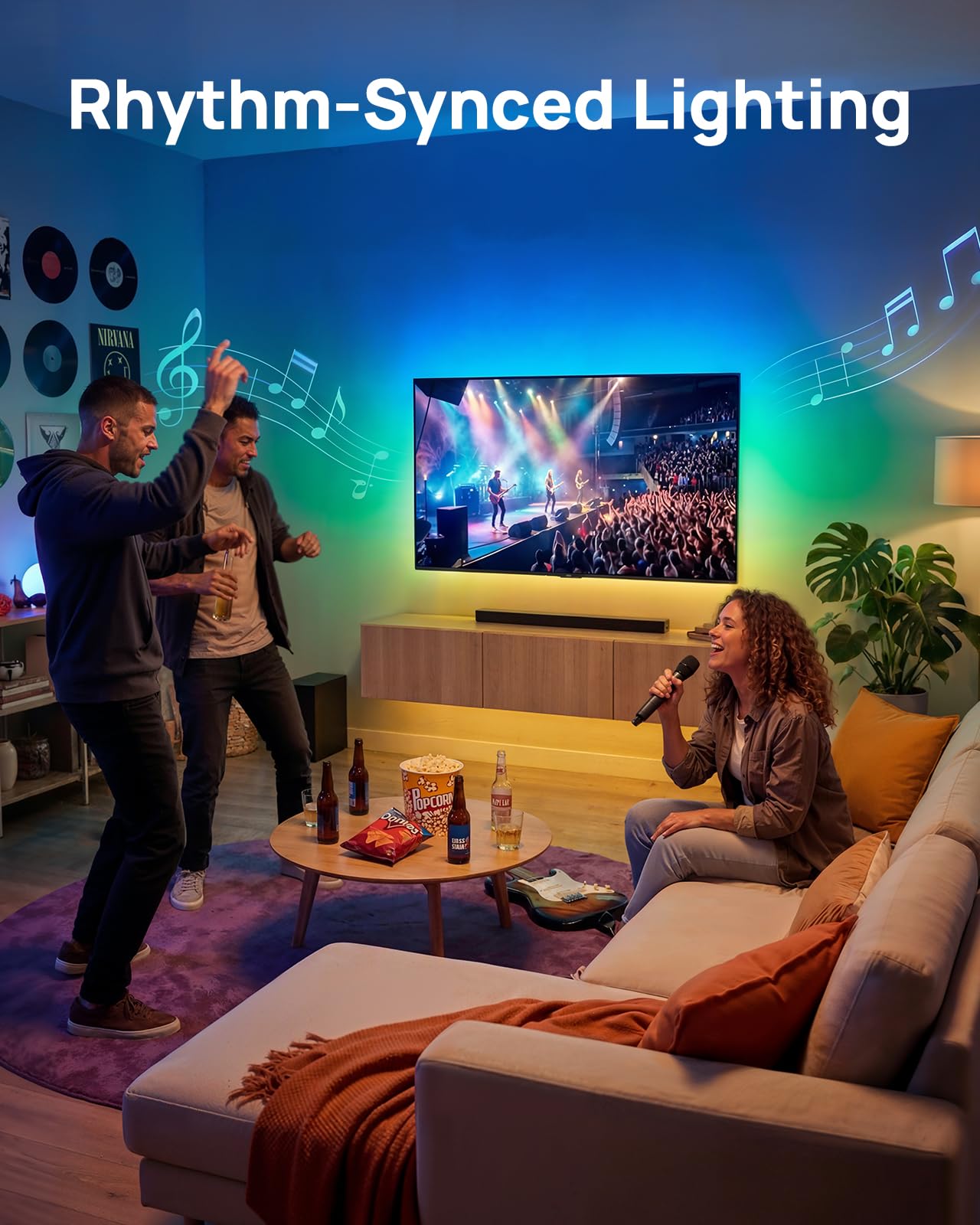 PERLESMITH TV Wall Bracket with LED Lights for 26-70" TVs up to 45kg, Full Motion Dual Arm TV Wall Mount with Swivel Tilt Extend, TV Backlights with Music Sync, Max VESA 400x400mm — view 4