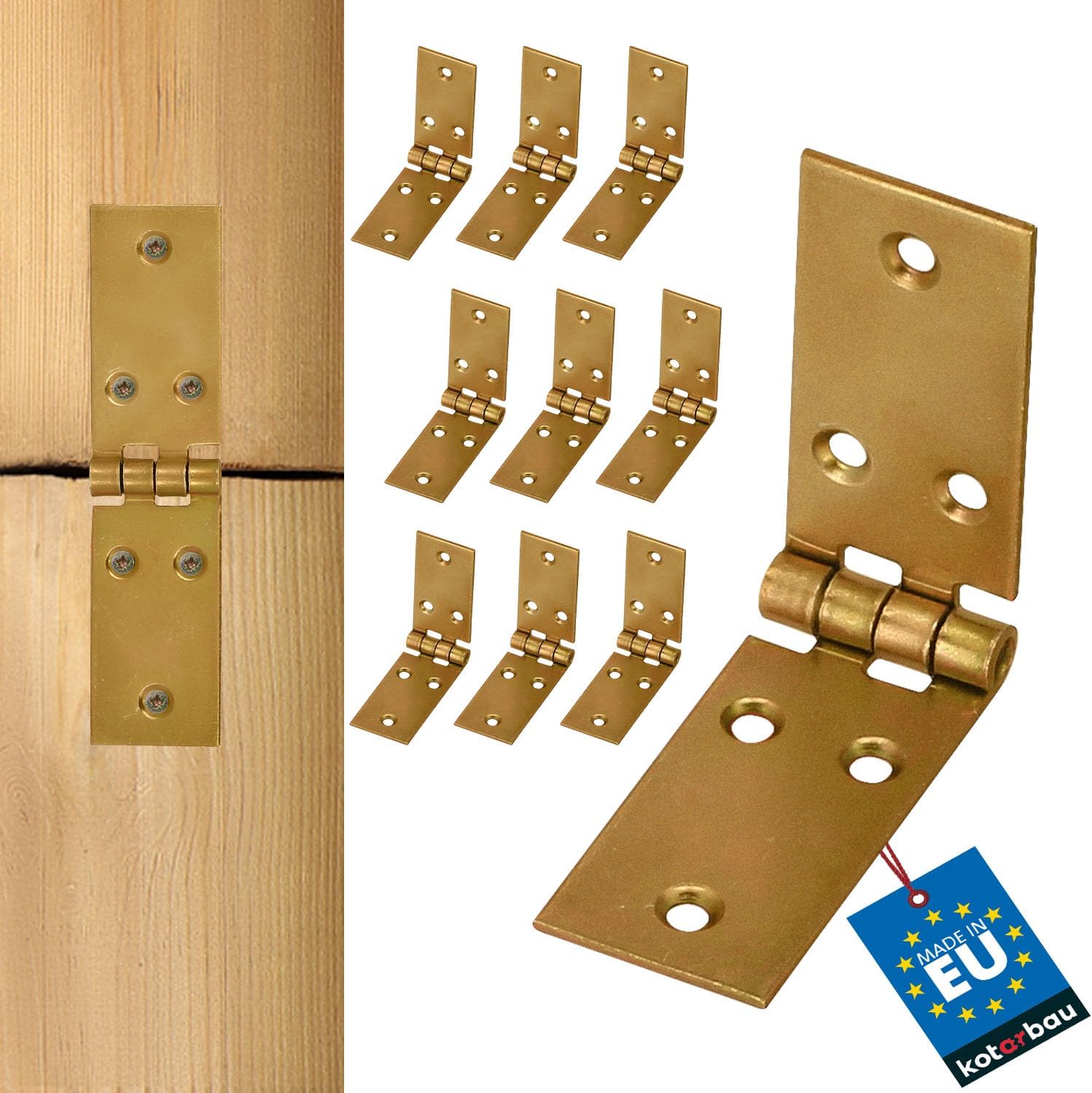 KOTARBAU - 10-Piece Set Galvanized Hinges - for Doors, Furniture, Boxes, Cabinets and Many More - 100 x 25 mm - Colour: Gold