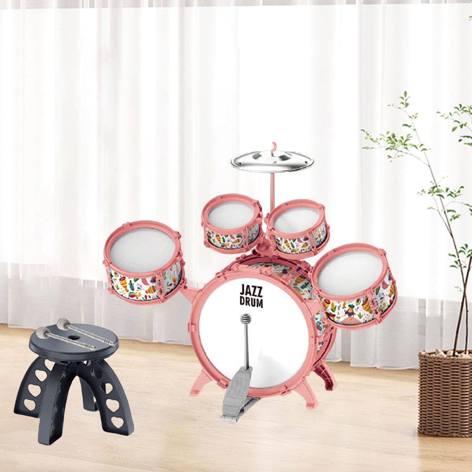 Batería Infantil Kit de Tambor para Niños Instrumento Musical Percusión Educativo PVC con Silla Estimula Adecuado para Fiestas Reuniones de, Rosa