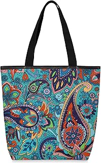 Sacolas de lona com zíper e bolso interno, bolsa de ombro feminina casual bolsa de mão flor étnica caxemira, bolsas de compras reutilizáveis para cozinha, bolsas de lona para uso para livros, sacolas de compras, sacolas de presente, Multicor
