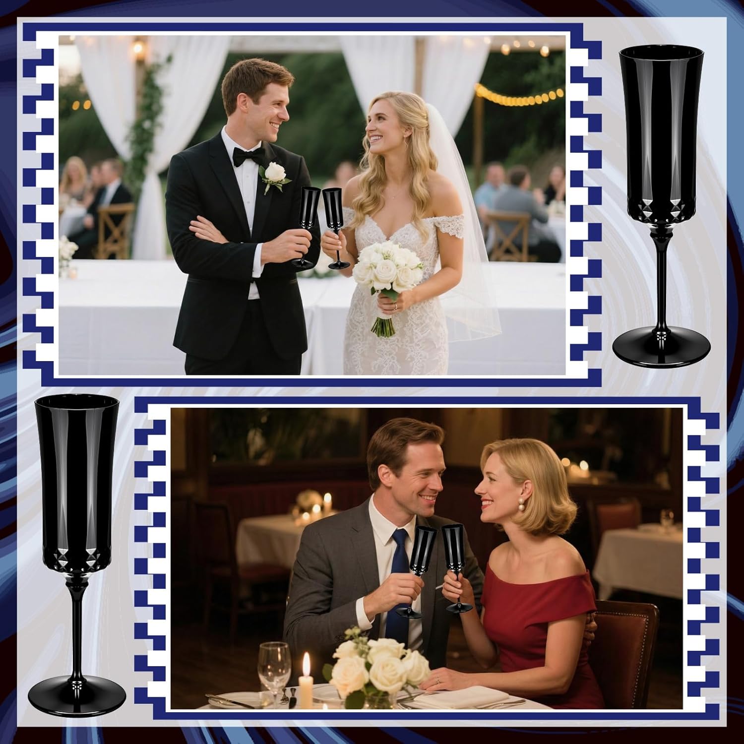 Domensi 30 Pcs Removable Black Champagne Flutes Bulk 7.5oz Plastic Wine Glasses Toasting Goblet Unbreakable Plastic Champagne Cups for Wedding Bachelor Banquet Christmas Party Supplies