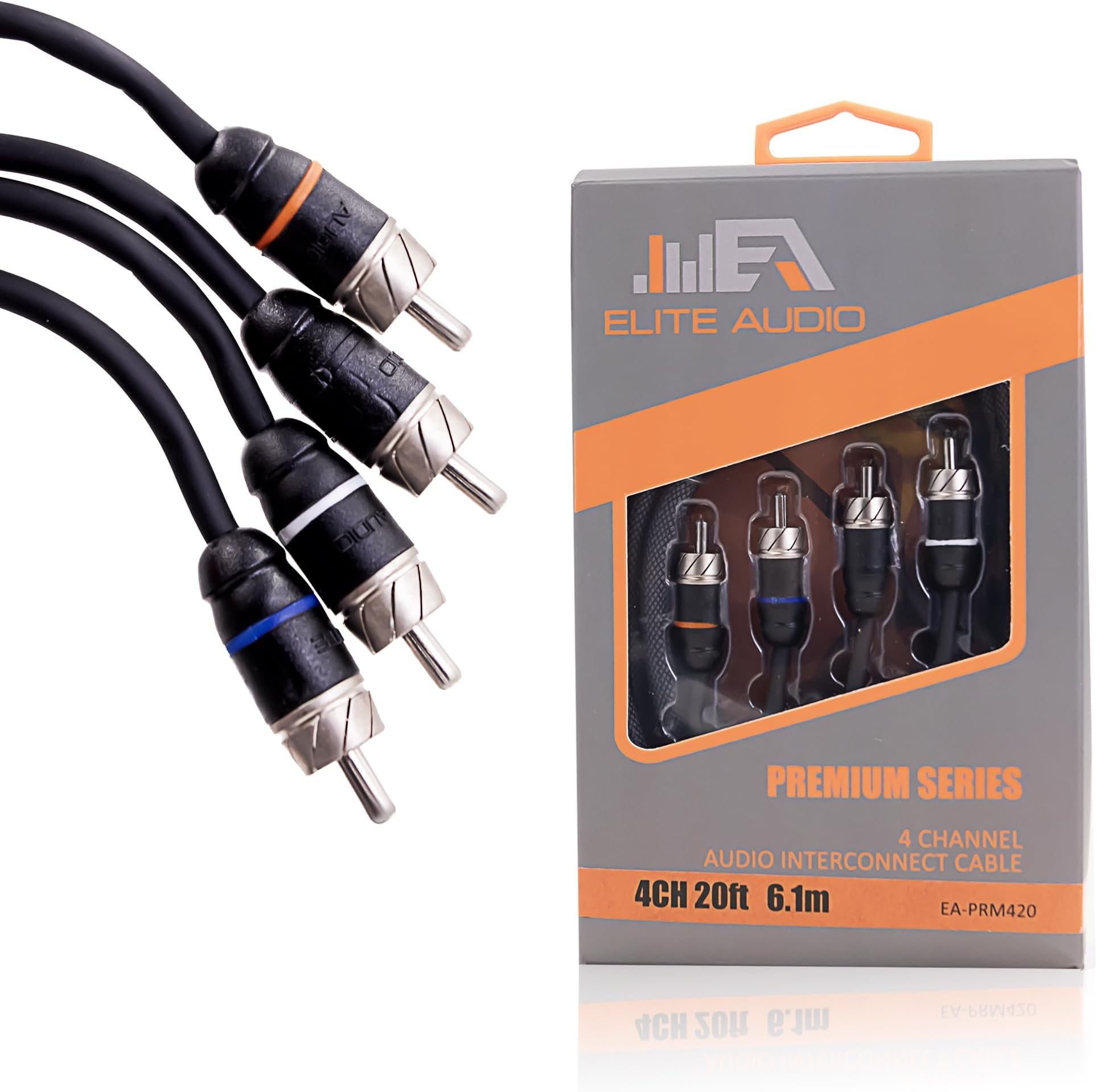 Elite Audio Premium Series 20ft. 4-Channel Car Audio RCA Cable – Double Shielded, Oxygen Free Copper, Noise Reducing Audio Cable for Amplifiers, Subwoofers, Speakers, and Processors – PRM420