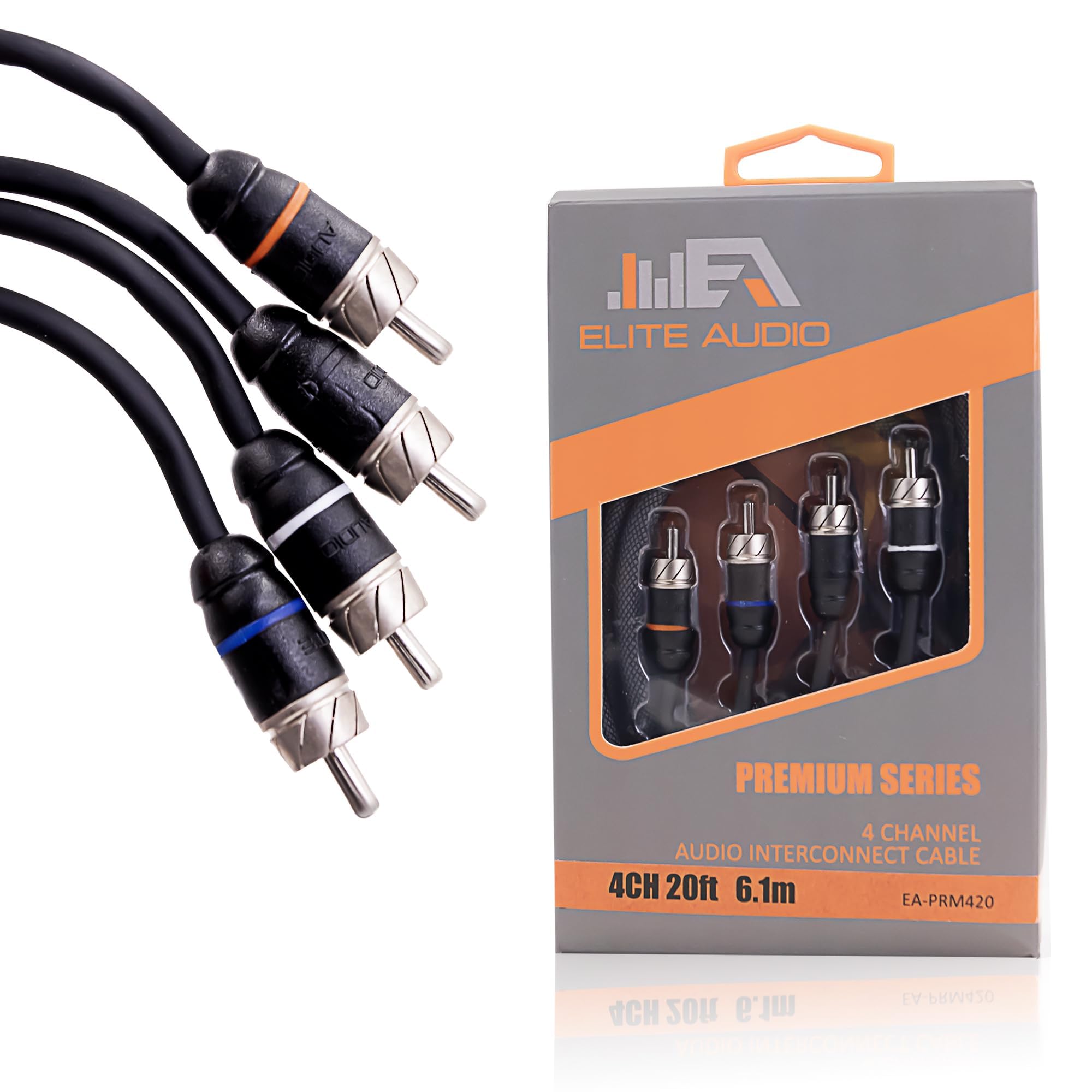 Elite Audio Premium Series 20ft. 4-Channel Car Audio RCA Cable – Double Shielded, Oxygen Free Copper, Noise Reducing Audio Cable for Amplifiers, Subwoofers, Speakers, and Processors – PRM420