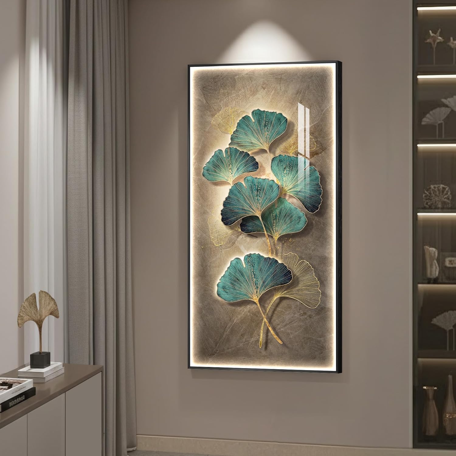 Large Framed LED Ginkgo Wall Art Decor for Living Room, Vertical Lighted Modern Minimalist Green Botanical Artwork for Walls, Luxury Backlit Wall Decor for Hallway, Entryway, Dining Room, Home Office