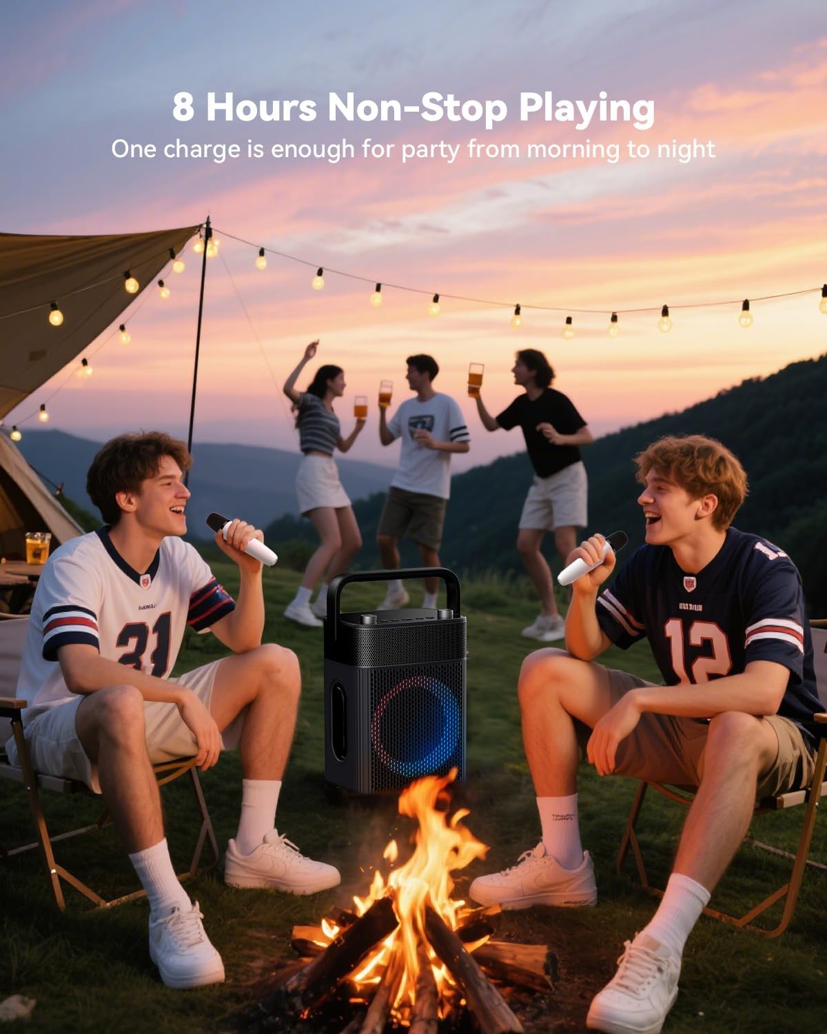 PUREMIC S3 speaker near a pool, demonstrating IPX4 water resistance.