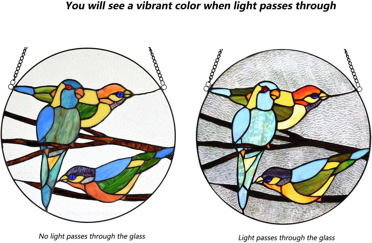 Bieye W10044 Parrots on Branches Tiffany Style Stained Glass Window Panel Hangings with Chain, 16-inch Wide Round Shape, Blue