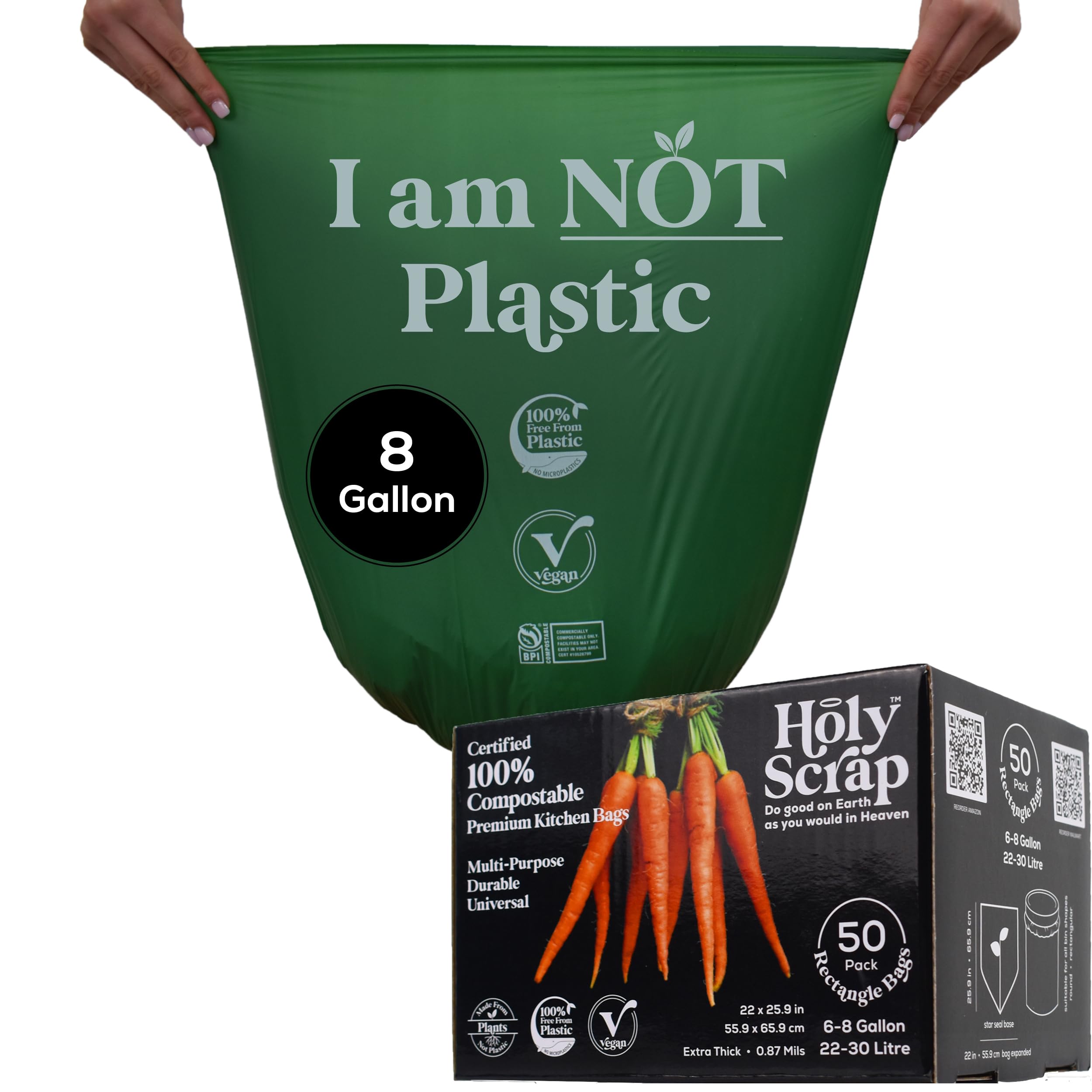 Medium Compostable Trash Bags - 6-8 Gallon, 50 Pack | Odorless, Plastic-Free & Decomposing Kitchen, Bathroom & Countertop Garbage Bags & Liners | Thick Bin Bags for Green & Food Waste