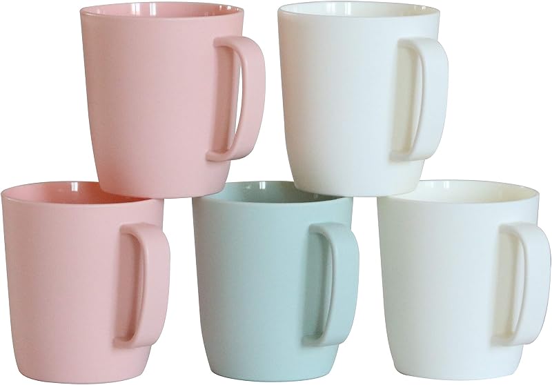 Coffee Mugs Set of 5,10 Ounce,3 Basic Colors | Unbreakable Plastic Coffee Cups Set with Handle, Reusable Plastic Mug Dishwasher Safe