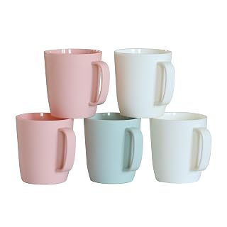 Coffee Mugs Set of 5, 10 Ounce Unbreakable Plastic Cups With Handle, 3 Basic Colors, Dishwasher Safe - Amazon product rated Grade A