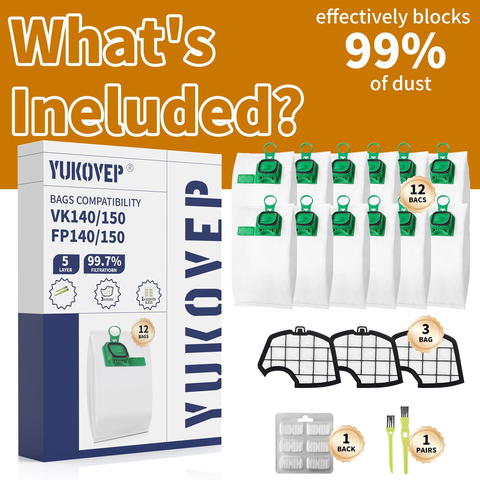YUKOVEP- Kit 12 Sacchetti Folletto VK140 e VK150, Ricambi Compatibili fp 140-150 (12 Sacchetti +3 Filtri Motore+1 profumi+ 2 Spazzole Pulite) - 3