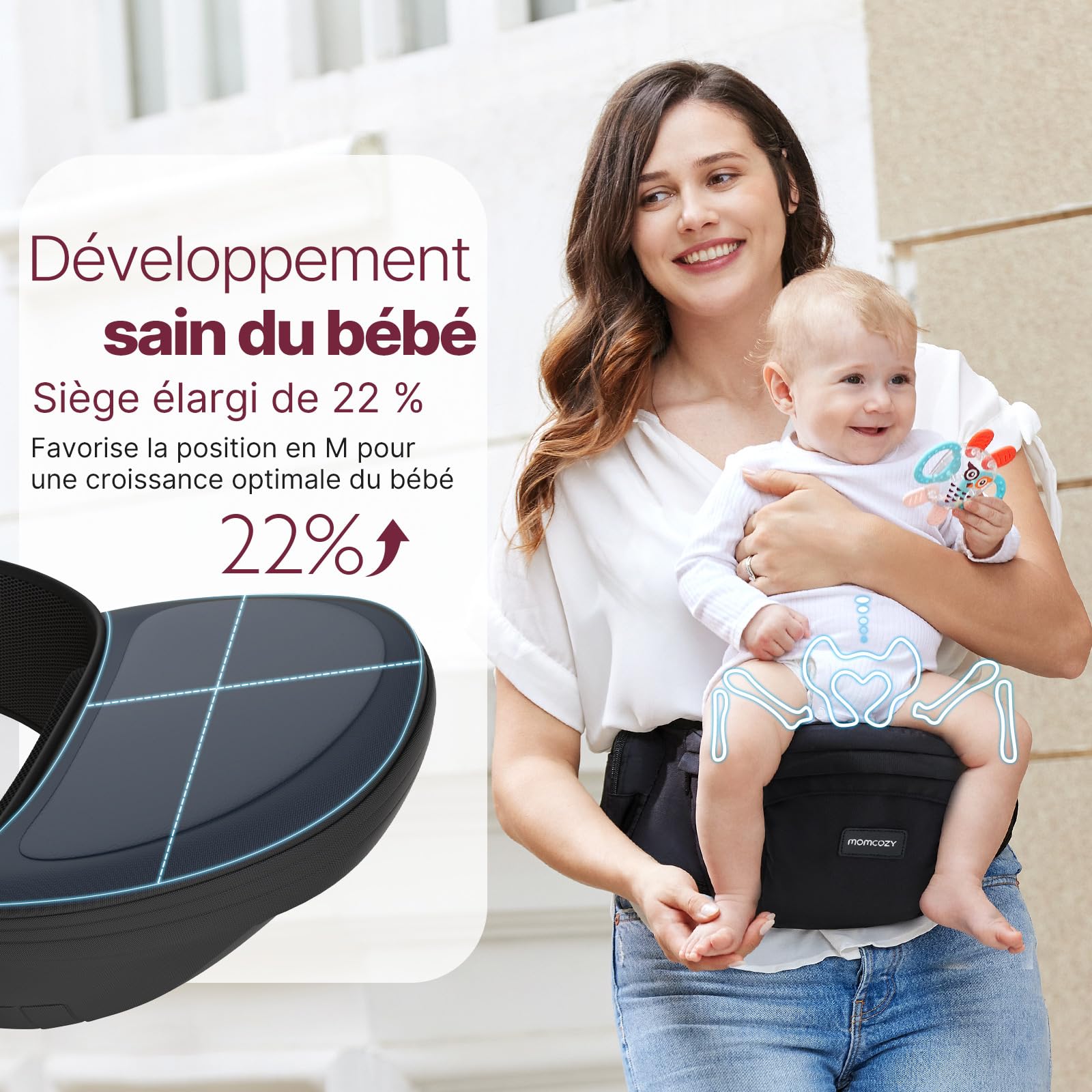 Porte-bébé Momcozy certifié CPC - Ceinture ajustable avec Protecteur Ventral Original 3D, Porte-bébé ergonomique avec plusieurs poches pour nouveau-nés et bambins jusqu'à 45lbs (Noir, Moyen)
