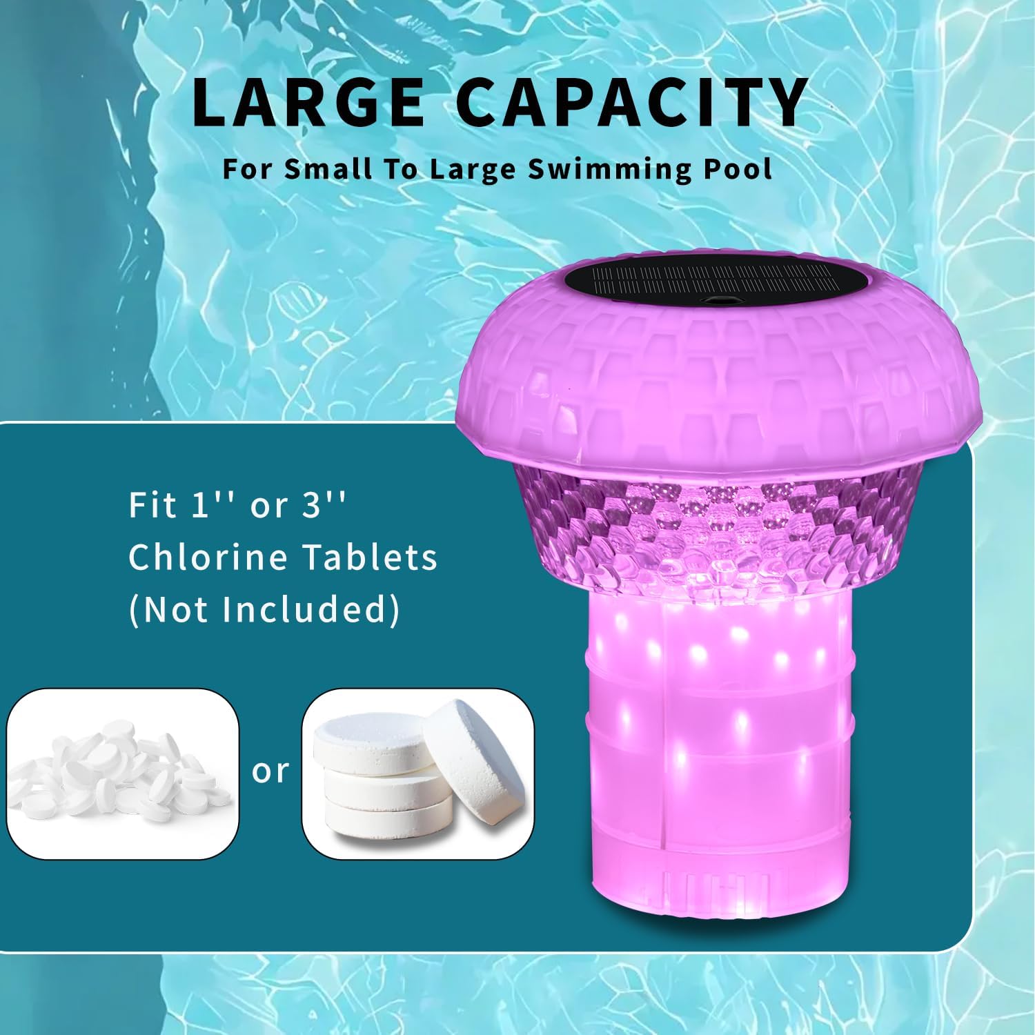 Pool Chlorine Floater for Chlorine Tablet 1&3 inch with Colorful Light,2025 Upgrade Automatic Durable Solar Pool Floating Light for Pools,Hot Tubs,for Water Cleaning 2 Pcs