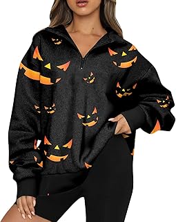 Halloween Sweatshirt for Women Pumpkin Print Long Sleeve Sweatshirts Women's Fall Winter Pullover Tops Fashion Half Zip Shirts Ladies Loose Plus Size Sweatshirts Halloween Costumes for Women