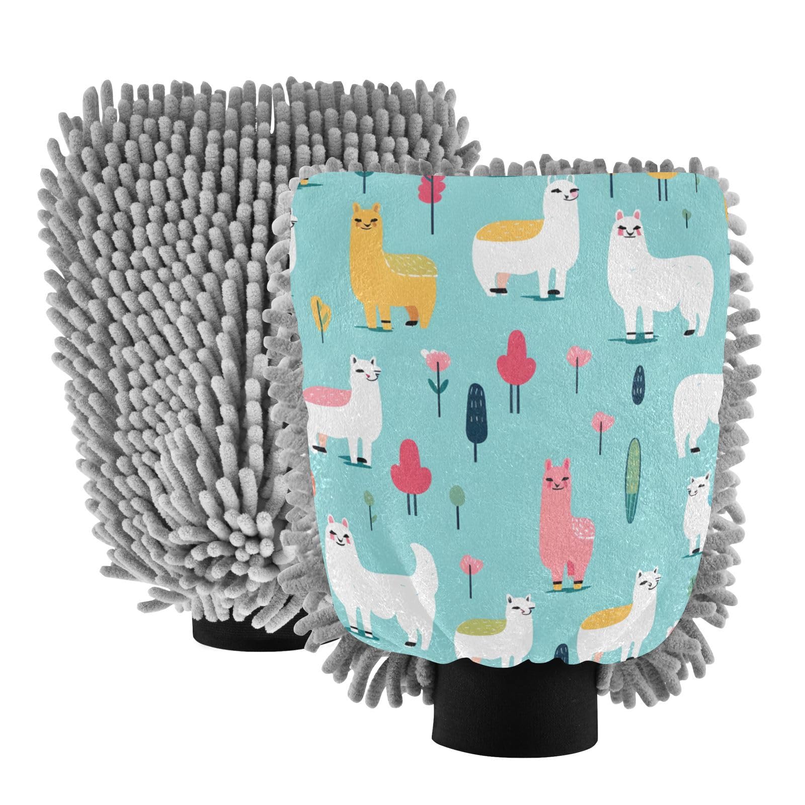 IOACIY Absorbent Microfiber Car Wash Drying Mitts, 2 Pack, Scratch-Free & Lint-Free, Rich Foam, Highly Absorbent, Double Sided, Wash Mitt Perfect for Car Washing, L, Cute Alpaca (2)